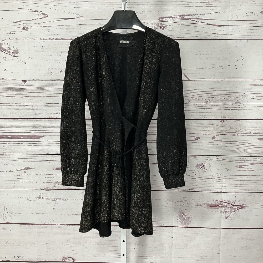 Reformation Metallic Wrap Mini Dress Black Gold Long Sleeve Tie‎ Waist Size 6